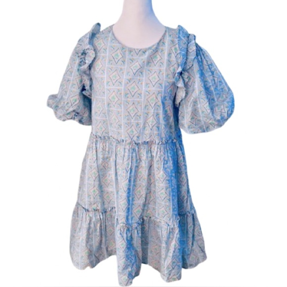 Cotton Entro Blue Tiered Puff Sleeved Sundress Medium Floral Boho Cottagecore
